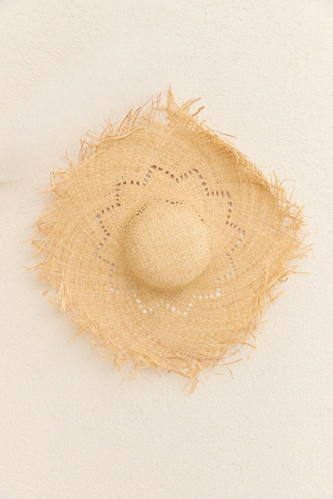 Straw Hat with Fringed Holes - Beige