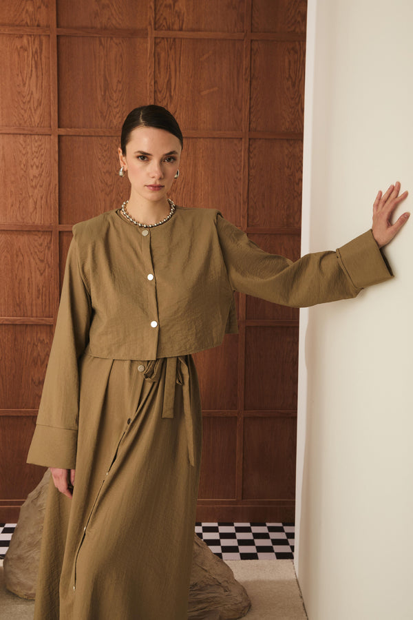 Hera Metal Düğme Detaylı Elbise - Camel