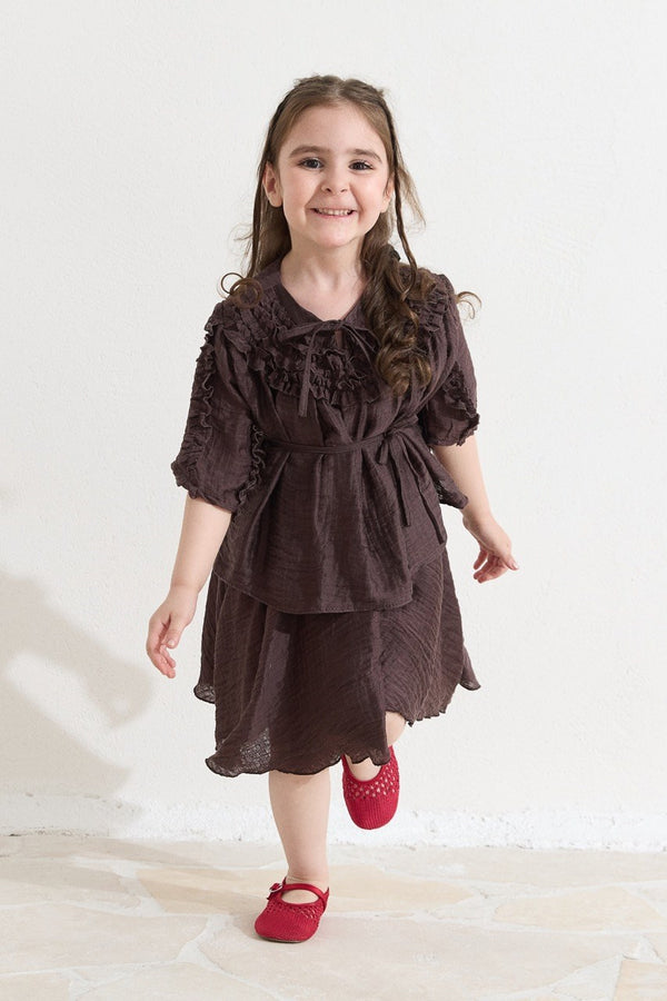 İnce Fırfır Detaylı Etek Takım - Kahve