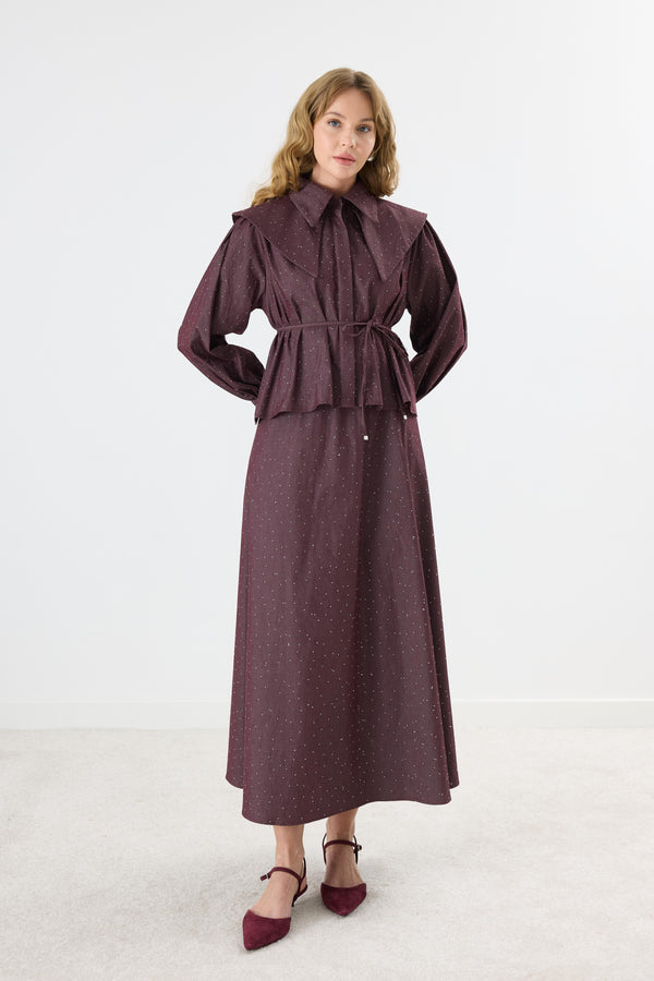 Işıltılı Geniş Yaka Gabardin Takım - Bordo