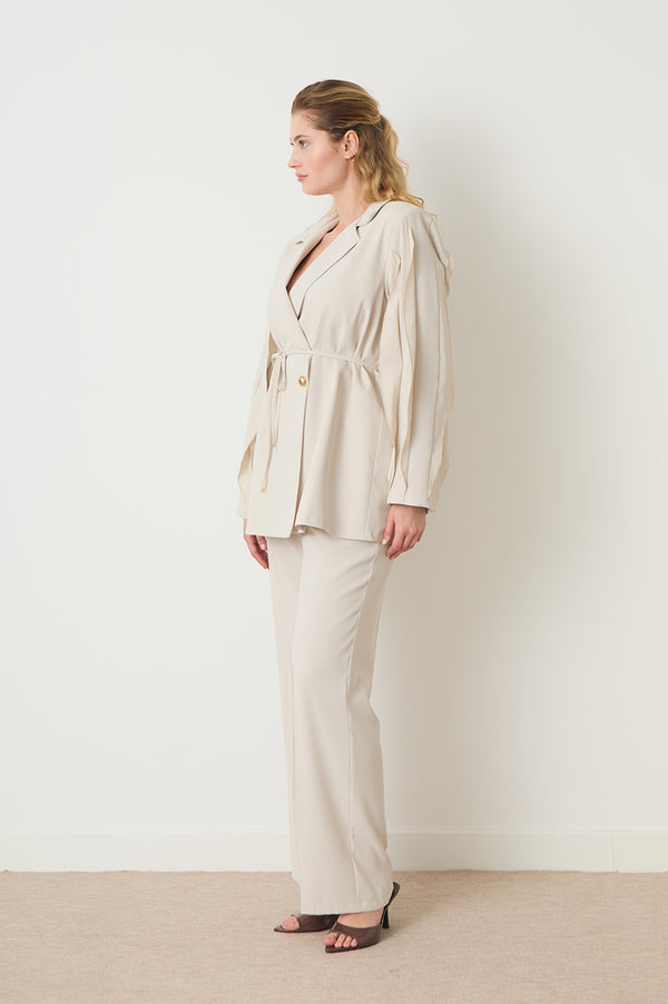 Jenika Kol Detaylı Premium Blazer Ceket Takım - Bej