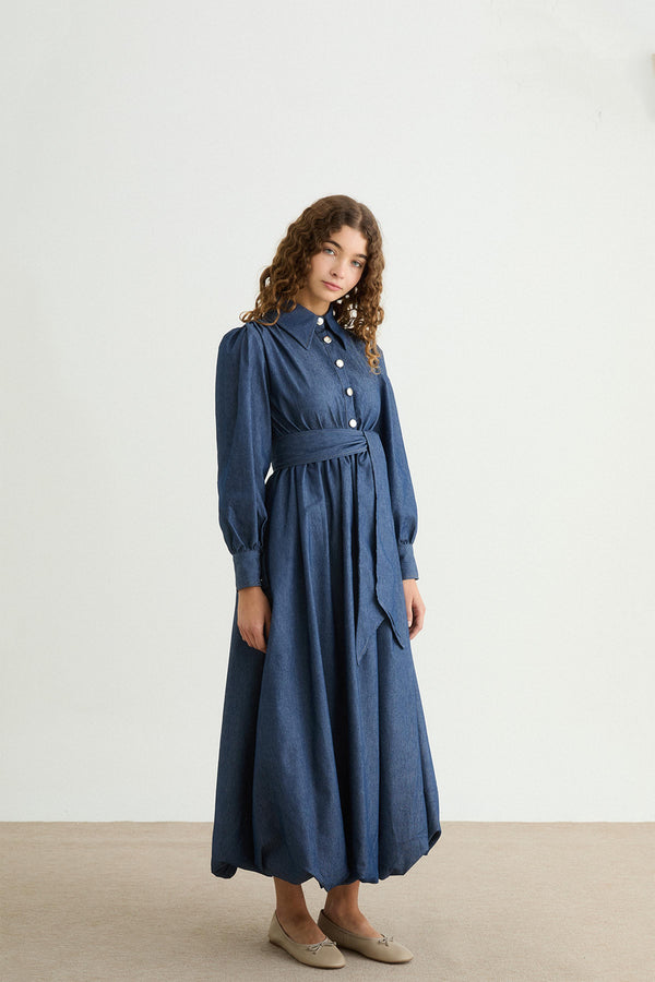 Jenny Balon Etekli Kot Elbise - Mavi