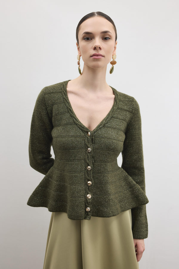 Jewel Peplum Simli Triko Hırka - Haki