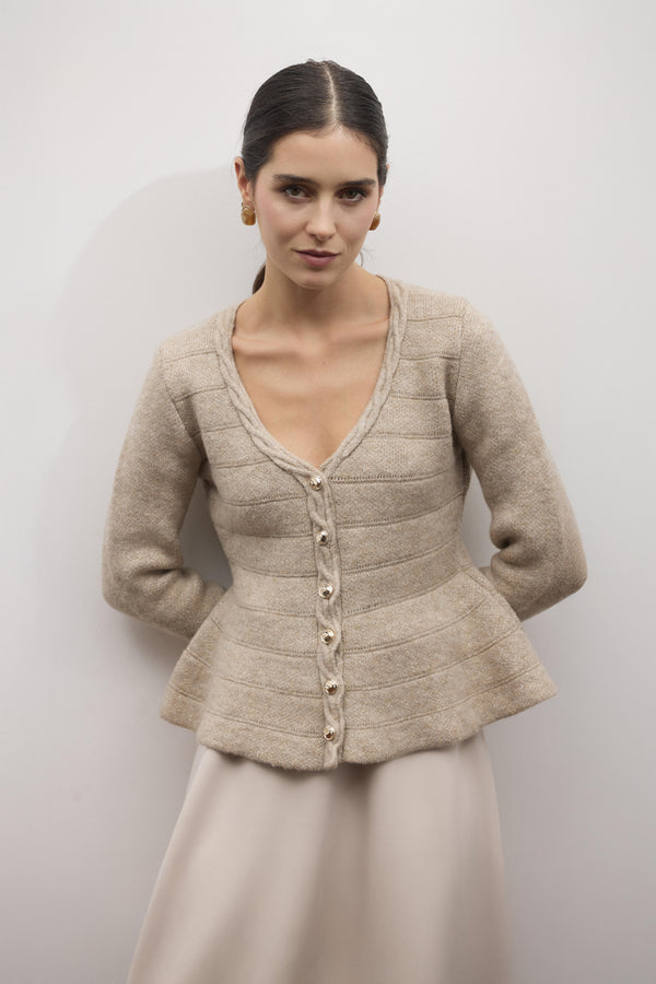 Jewel Peplum Simli Triko Hırka - Mocha