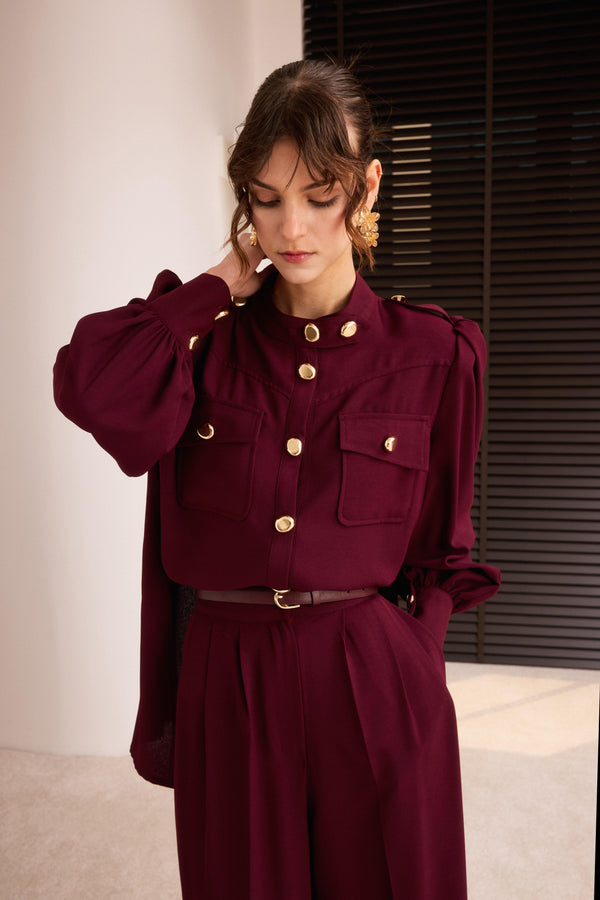 Kameron Düğmeli Krep Takım - Bordo