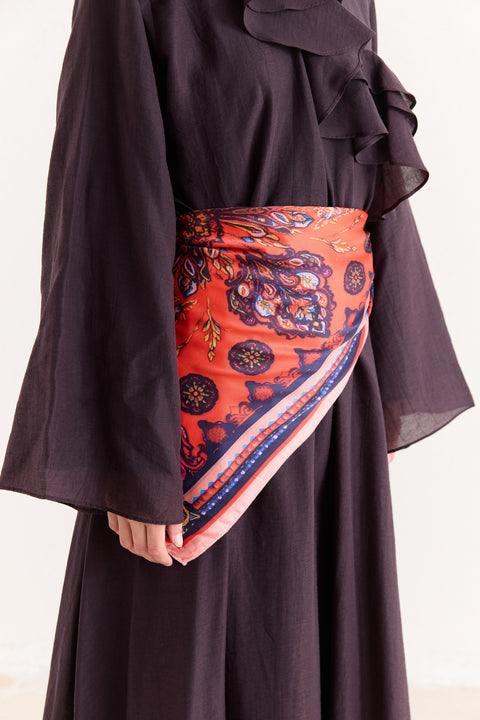 Belt-Detailed Patterned Scarf - Red