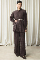 Belt-Detailed Seersucker Pants Set - Coffee