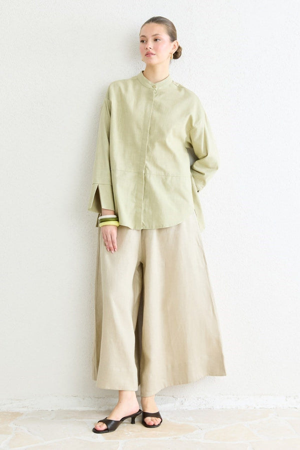 Kemer Detaylı Keten Gömlek - Çağla