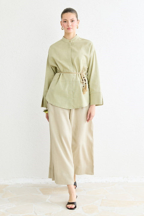 Belted Linen Shirt - Sage Green