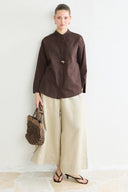 Belt-Detail Linen Shirt - Coffee