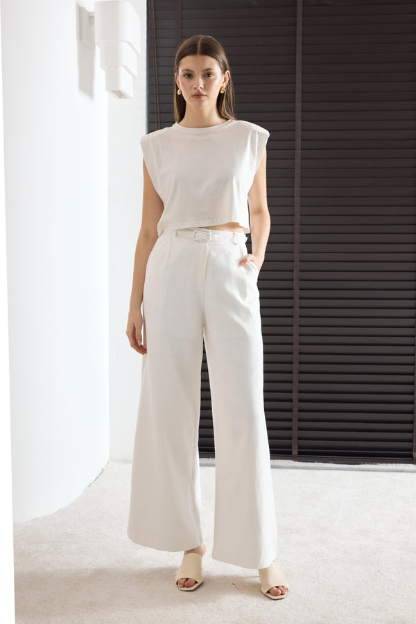 Kemerli Keten Basic Pantolon - Beyaz