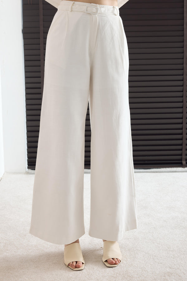 Kemerli Keten Basic Pantolon - Beyaz