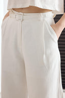 Kemerli Keten Basic Pantolon - Beyaz