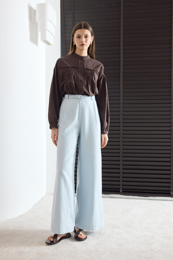 Kemerli Keten Basic Pantolon - Mavi