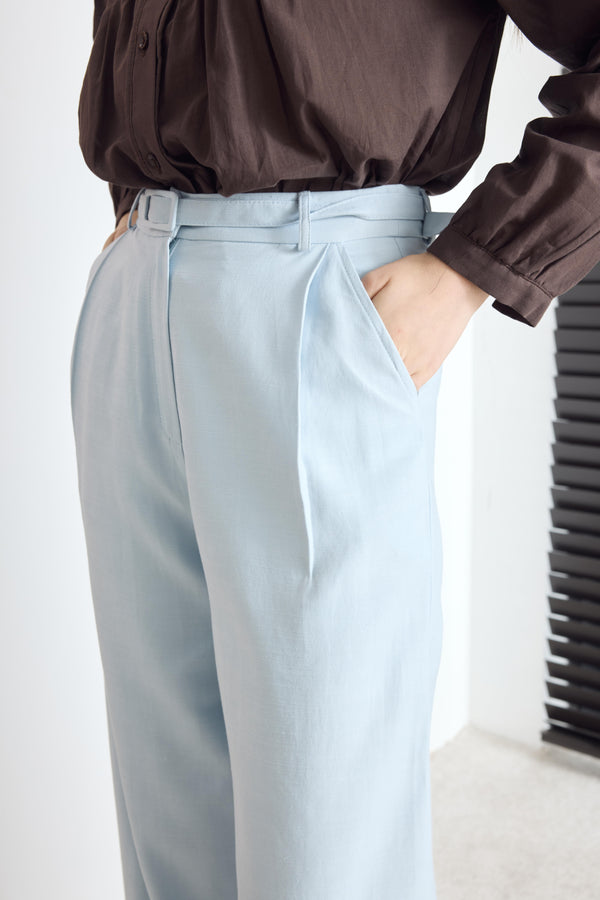 Kemerli Keten Basic Pantolon - Mavi