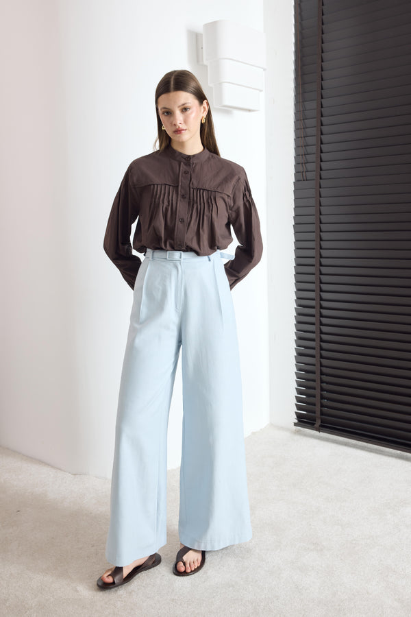 Kemerli Keten Basic Pantolon - Mavi