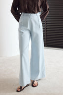 Kemerli Keten Basic Pantolon - Mavi