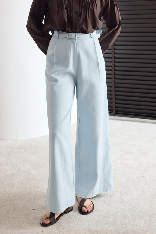Kemerli Keten Basic Pantolon - Mavi