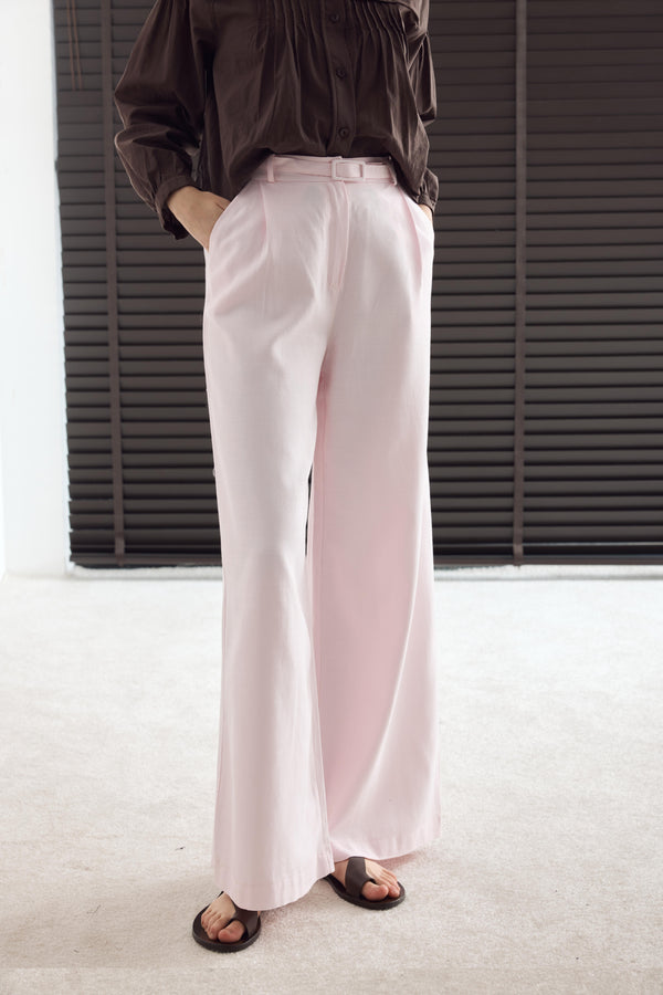 Kemerli Keten Basic Pantolon - Pembe