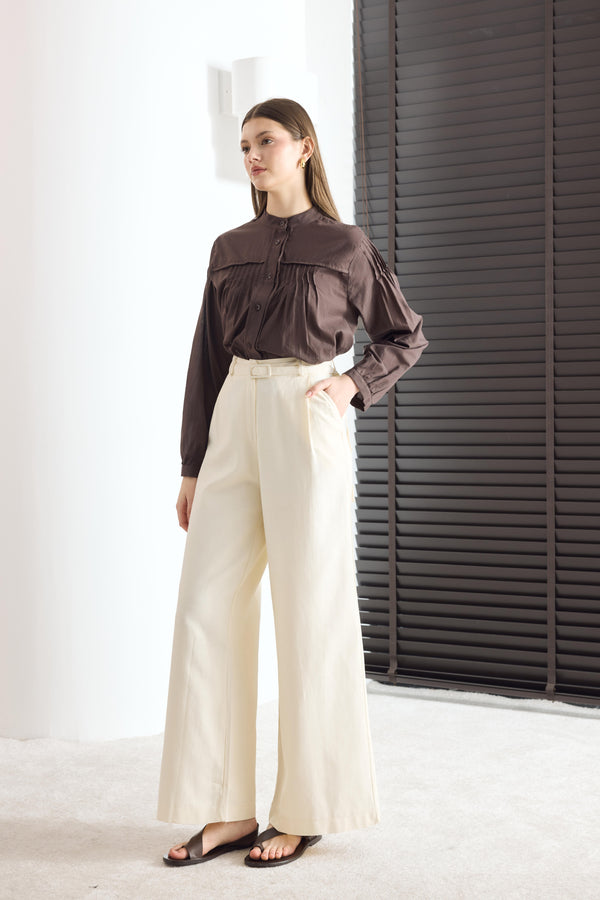 Kemerli Keten Basic Pantolon - Sarı