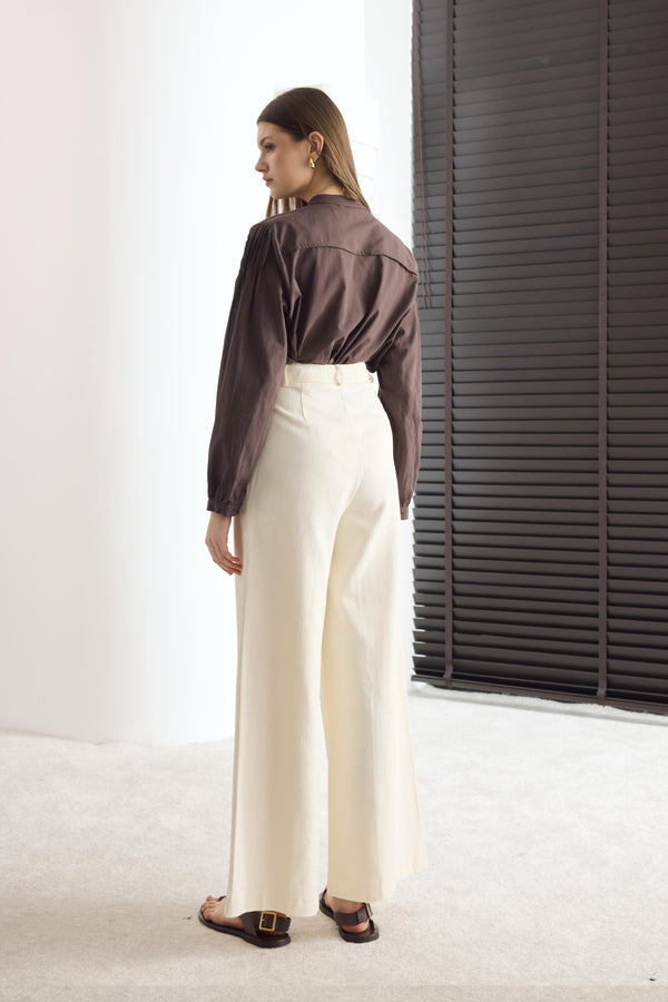Kemerli Keten Basic Pantolon - Sarı