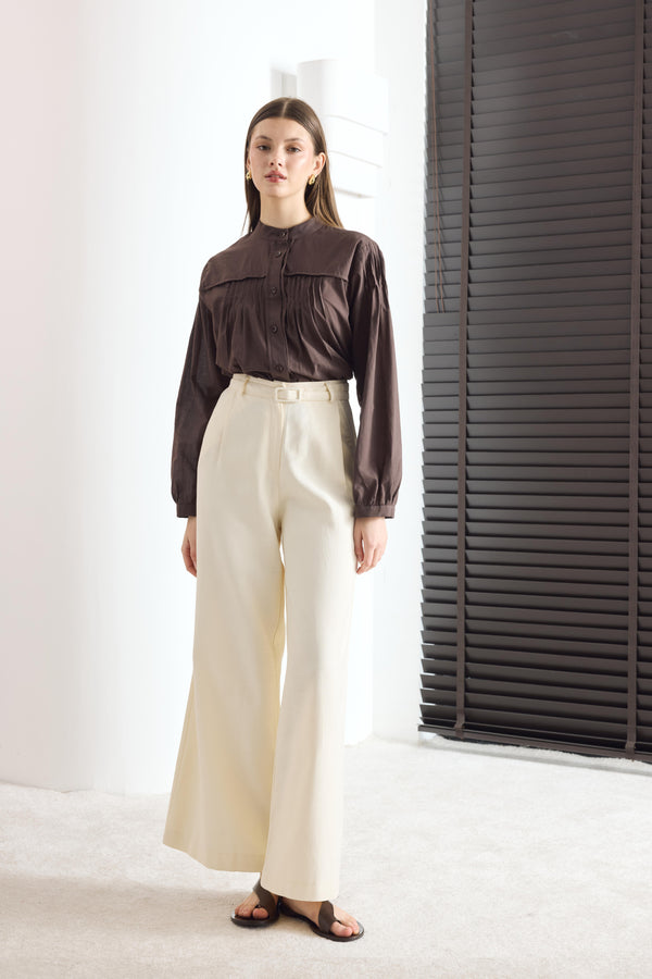 Kemerli Keten Basic Pantolon - Sarı