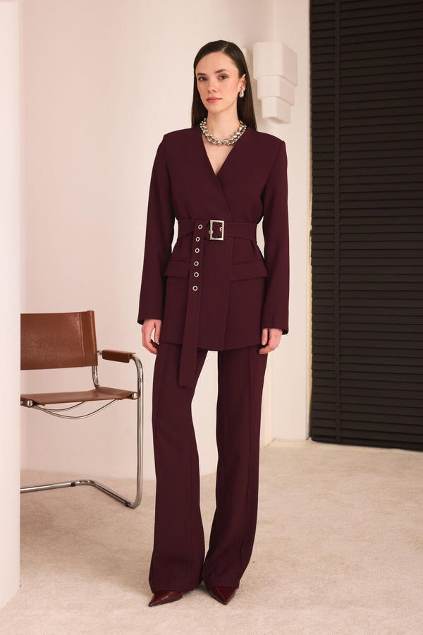 Kemerli Blazer Pantolon Takım - Bordo
