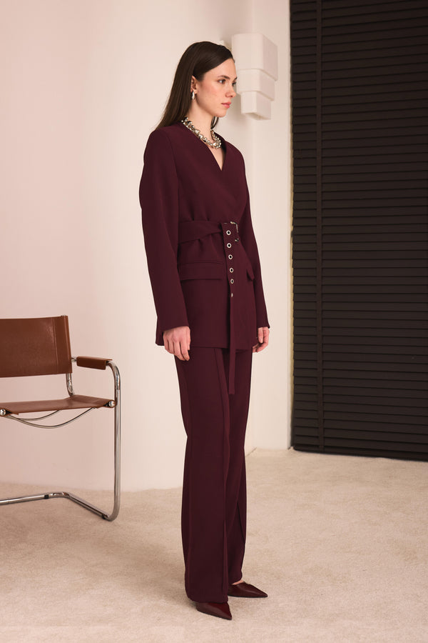 Kemerli Blazer Pantolon Takım - Bordo