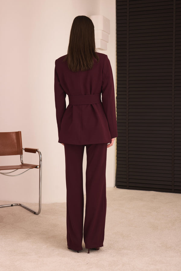 Kemerli Blazer Pantolon Takım - Bordo