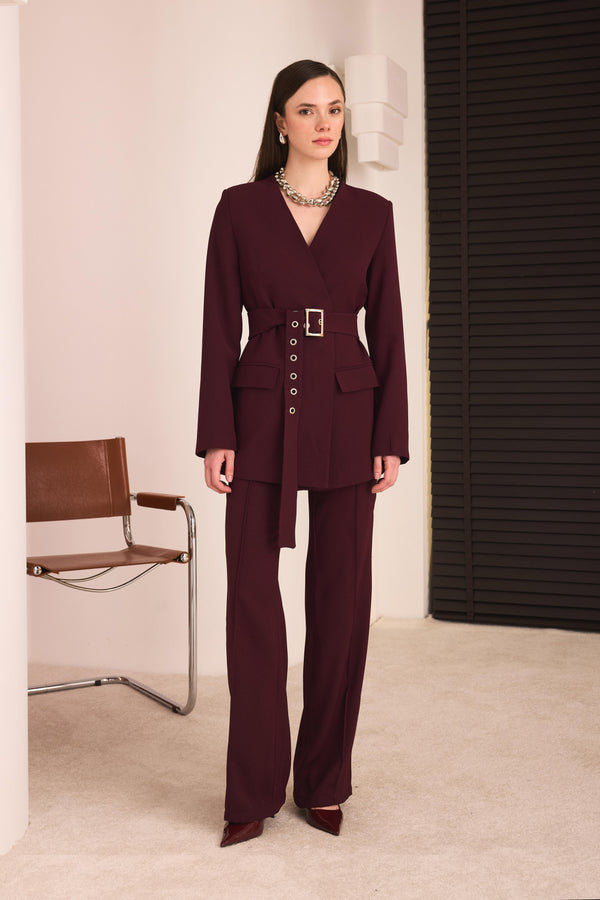 Kemerli Blazer Pantolon Takım - Bordo