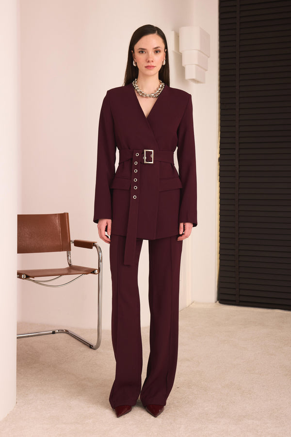 Kemerli Blazer Pantolon Takım - Bordo