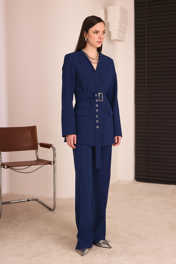 Kemerli Blazer Pantolon Takım - İndigo