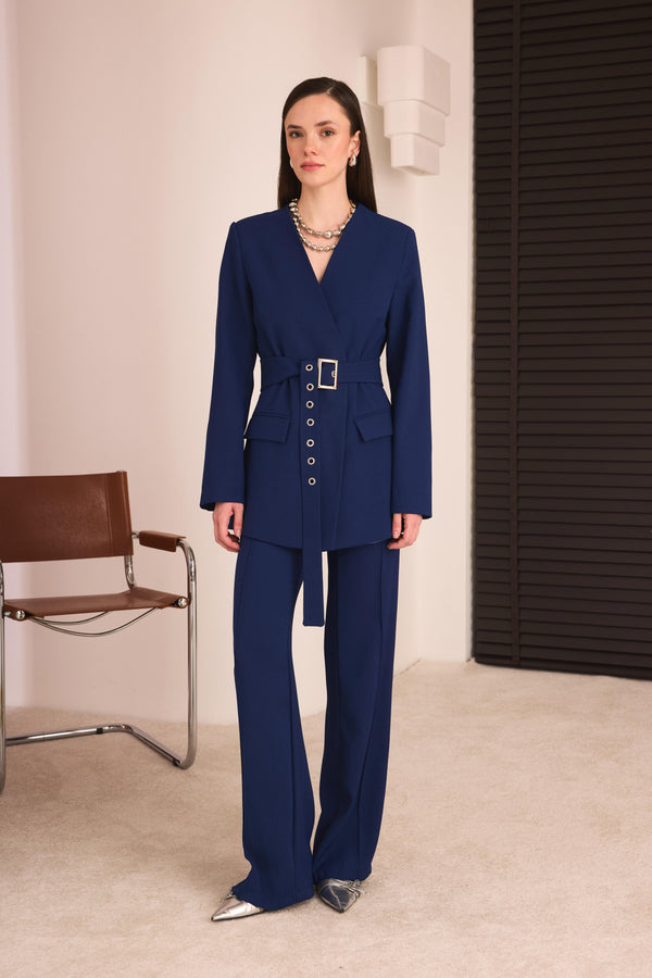 Kemerli Blazer Pantolon Takım - İndigo