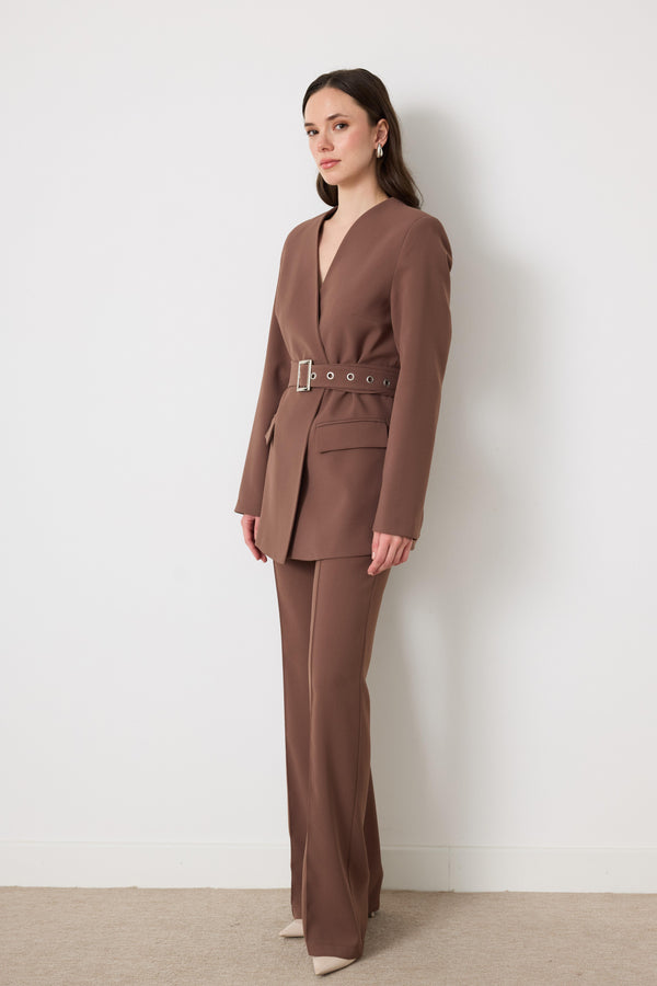 Kemerli Blazer Pantolon Takım - sütlü kahve
