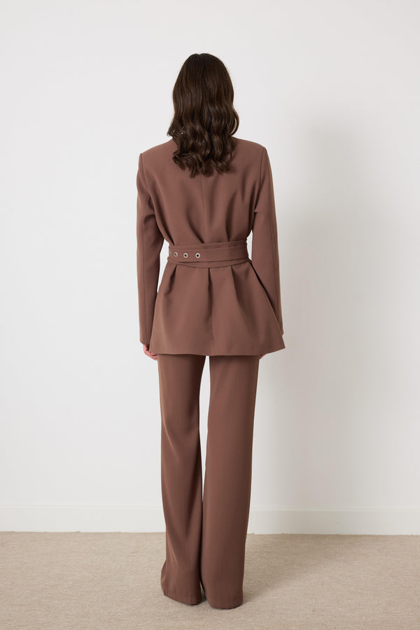 Kemerli Blazer Pantolon Takım - sütlü kahve