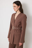Kemerli Blazer Pantolon Takım - sütlü kahve