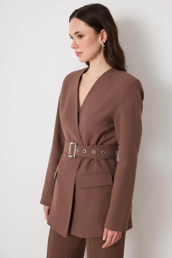 Kemerli Blazer Pantolon Takım - sütlü kahve