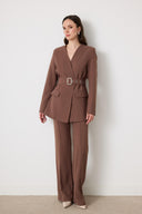 Kemerli Blazer Pantolon Takım - sütlü kahve