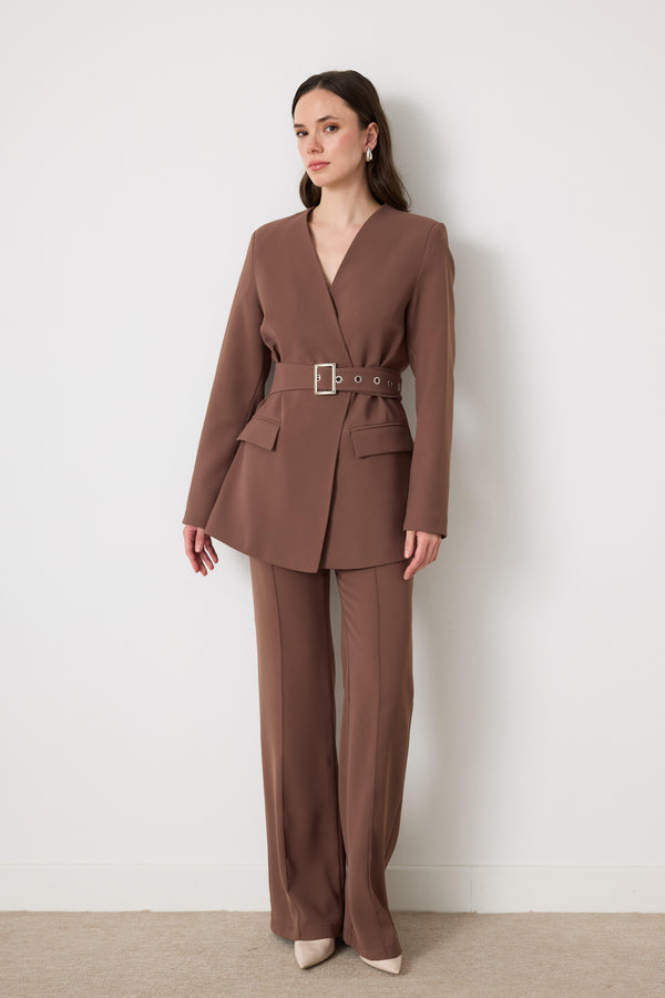 Kemerli Blazer Pantolon Takım - sütlü kahve