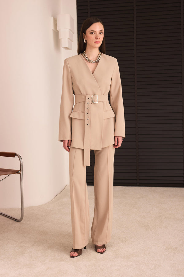 Kemerli Blazer Pantolon Takım - Taş