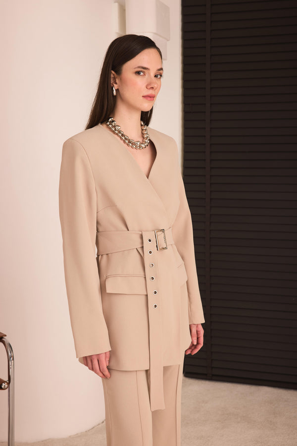 Kemerli Blazer Pantolon Takım - Taş