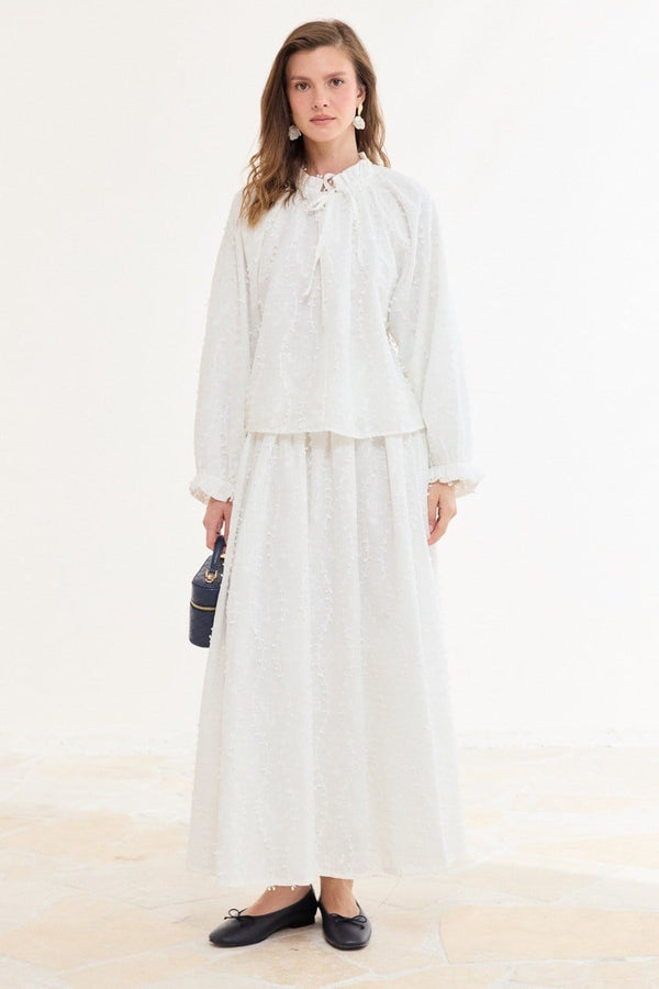 Kol Bağlamalı Brode Etek Takım - Ekru
