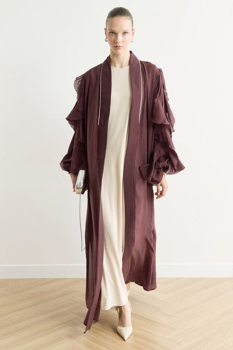 Ruffle Sleeve Abaya - Burgundy