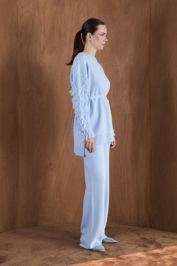 Kol Fringe Detaylı Triko Pantolon Takım - bebe mavisi