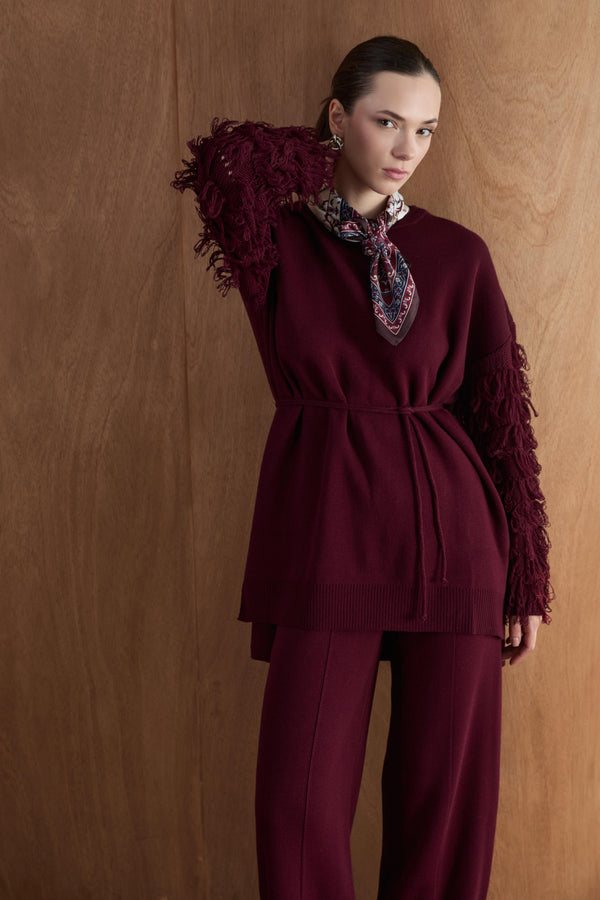 Kol Fringe Detaylı Triko Pantolon Takım - Mürdüm