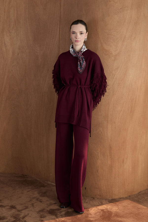 Kol Fringe Detaylı Triko Pantolon Takım - Mürdüm