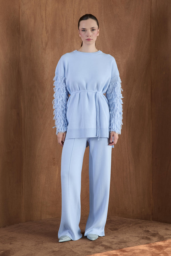 Kol Fringe Detaylı Triko Pantolon Takım - bebe mavisi