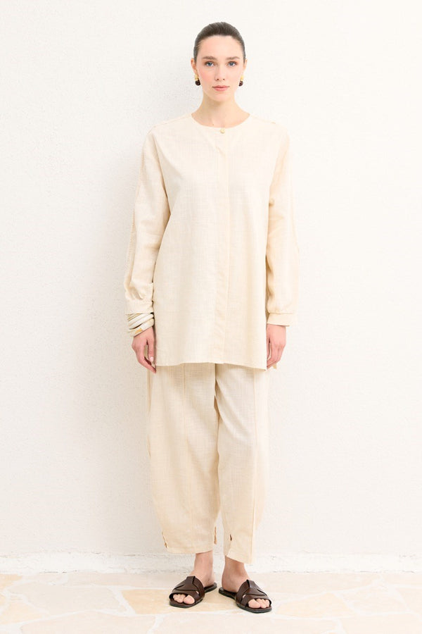 Kol Güpür Detaylı Keten Takım - Ekru