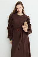 Lace Dress with Ruffle Sleeves - Brown