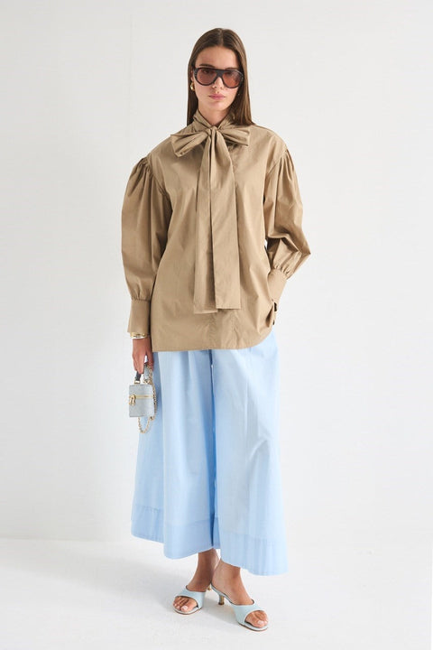 Tie-Neck Balloon Sleeve Shirt - Camel